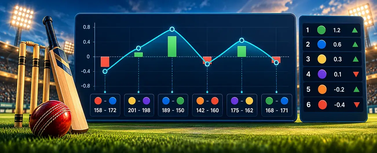Cricket net run rate dashboard showing match scores and NRR movement across fixtures