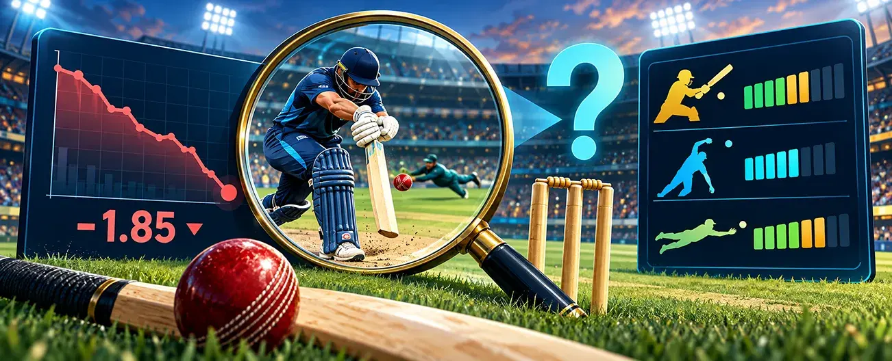Cricket performance analysis showing a batter beside a falling NRR chart