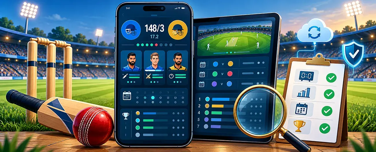 Mobile cricket league dashboard with scorecards, standings and data-audit checks