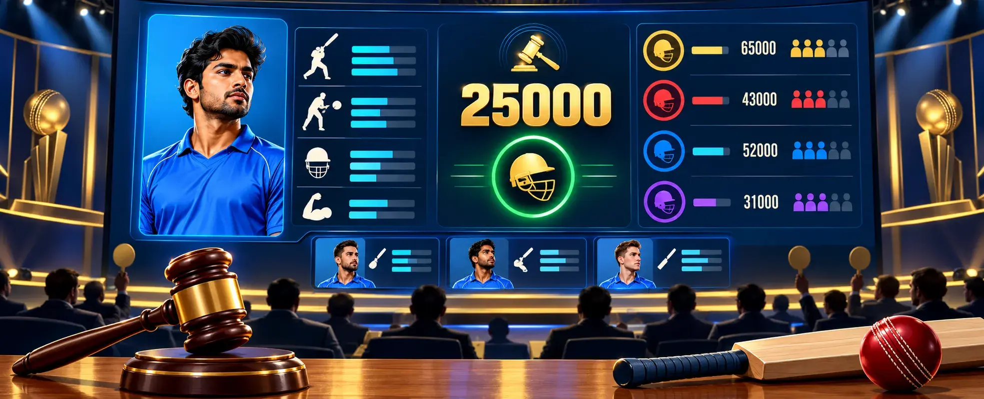 Cricket auction display showing a player card, current bid and team budget panels