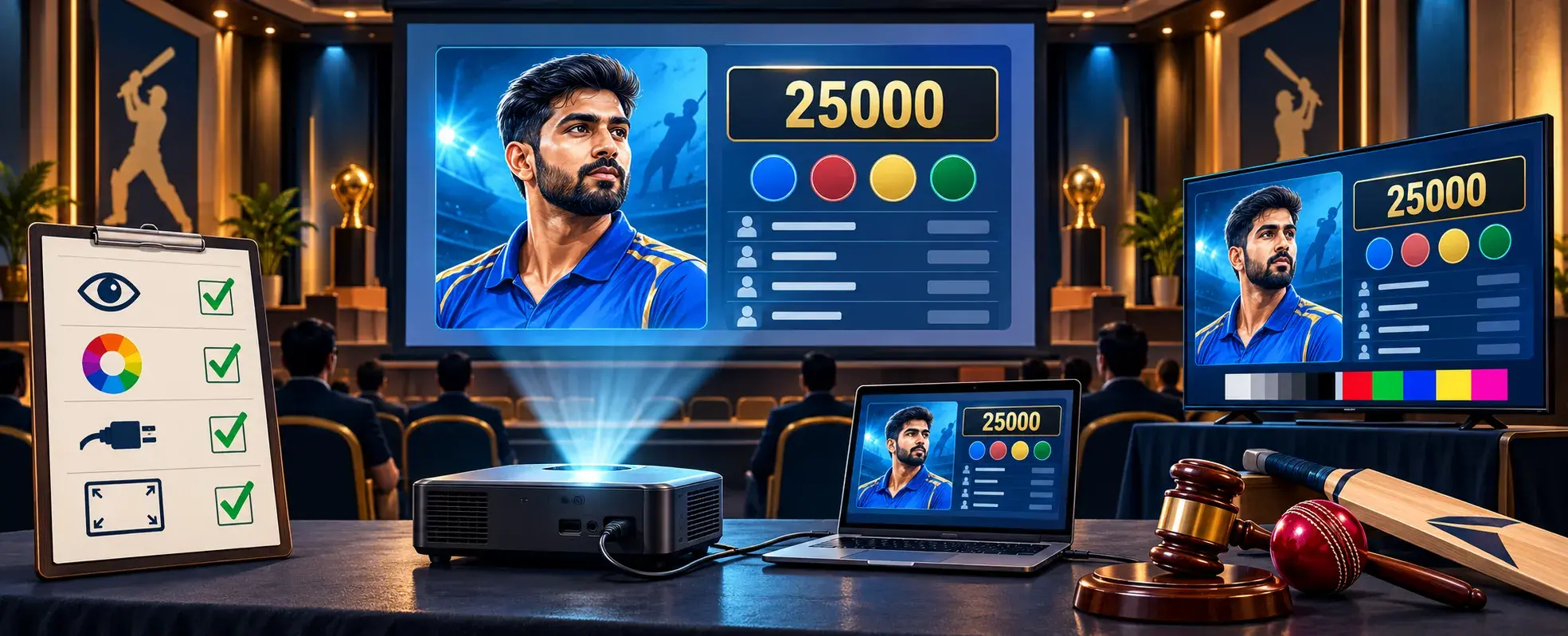 Projector, laptop and TV showing the same cricket auction player card during a venue test