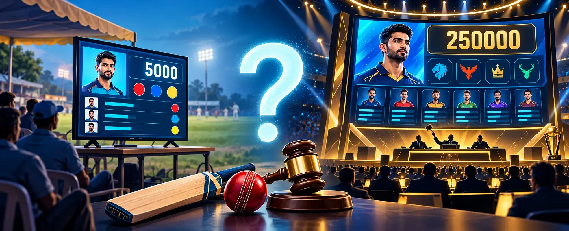 Small club TV display compared with a large IPL-style cricket auction screen