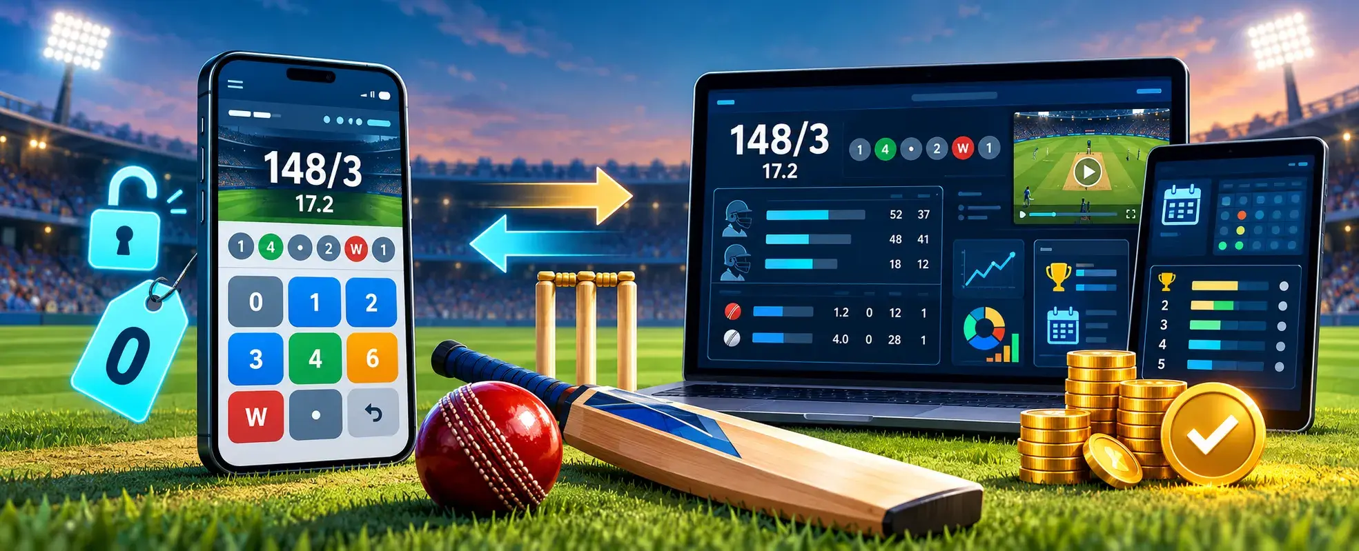 Cricket match data displayed across a phone, laptop and tablet